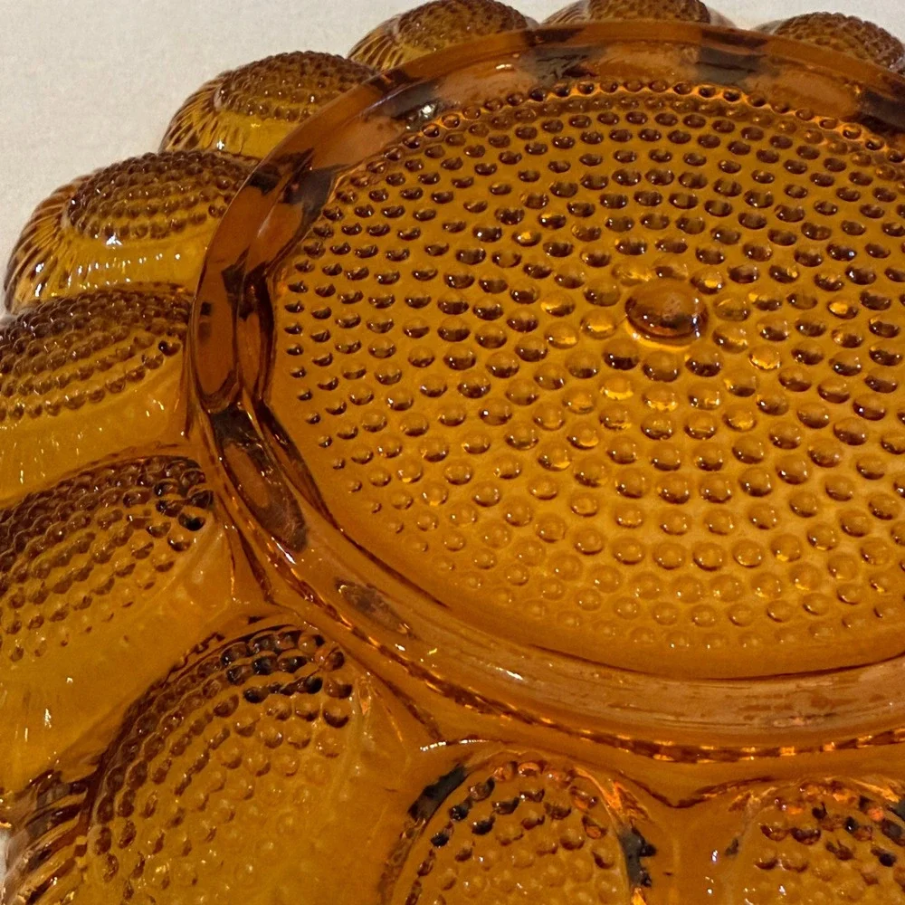Vintage Amber Indiana Glass Deviled Egg Plate 15 Slot Rnd Hobnail Scalloped MCM
